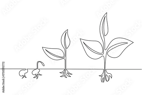 Seed growth plant process continuous one line drawing white background minimal nature and elegant outline vector illustration