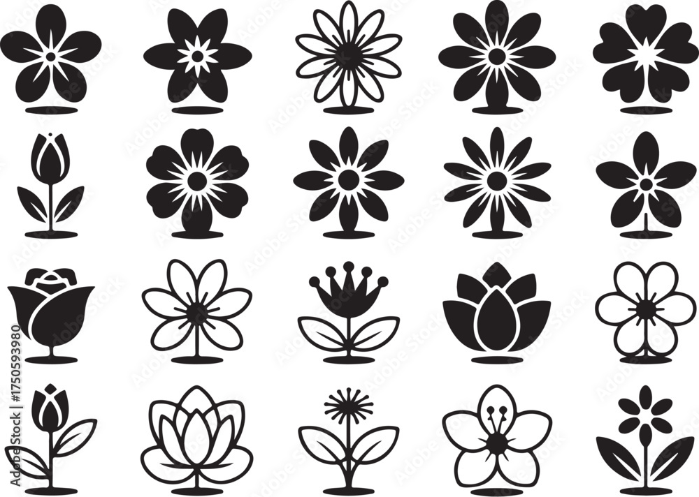 Obraz premium Elegant black floral icons perfect for design and branding projects
