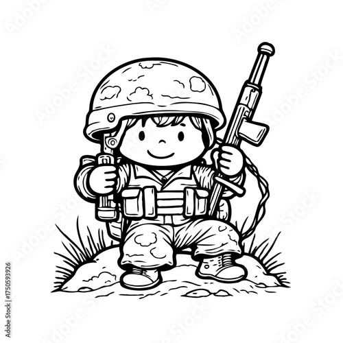 Cartoon style soldier with rifle, illustration for children's activity book or coloring page use
