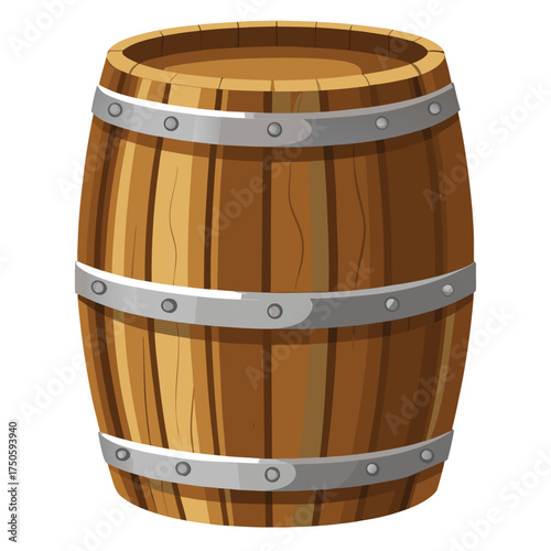 A classic wooden barrel with metal bands isolated on white background