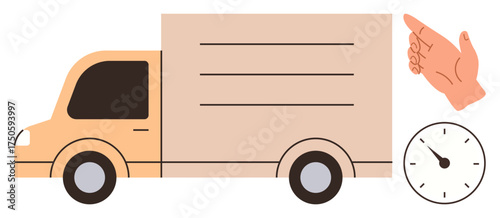 Delivery truck highlighted with a clock emphasizing punctuality, paired with a hand gesture. Ideal for logistics, transportation, delivery services, punctuality, efficiency, time management, simple