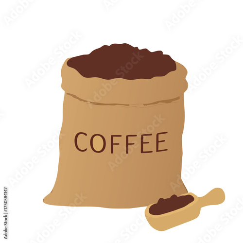 A simple illustration of a coffee bean sack with a scoop