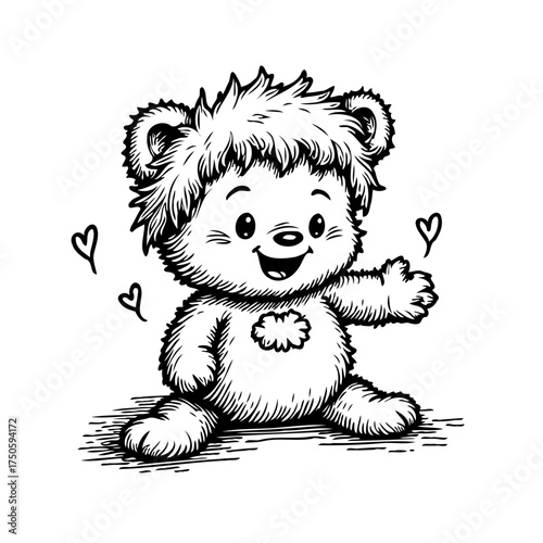 Charming fluffy bear cub illustration conveying affection through hearts hand drawn in black and