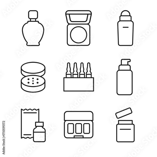 Cosmetic packaging line icons set, perfume, ampoule, sachet, vector
