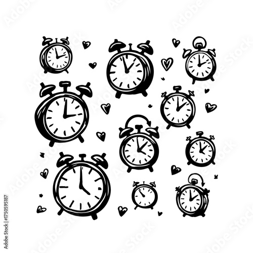 Collection of hand-drawn clocks amidst floating heart doodles conveys time awareness and affection