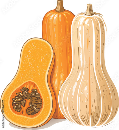 Illustration of vibrant orange pumpkins and a halved butternut squash