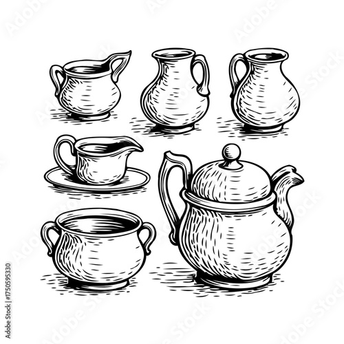 Collection of ornate vintage-style pottery and porcelain vessels showcasing intricate design and