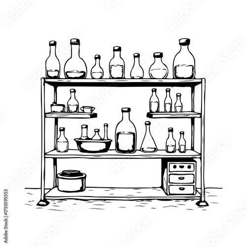 Collection of vintage apothecary bottles on shelves in a retro shop or laboratory illustration