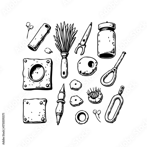 Collection of vintage tools and curious objects a whimsical hand drawn illustration of an artisans