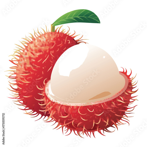 A vibrant rambutan fruit partially peeled showcasing its translucent flesh