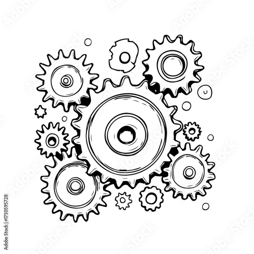 Complex interconnected gears and cogs sketch mechanical illustration driving force a system of