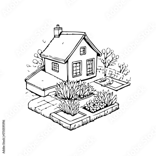Cozy single family dwelling illustration featuring charming architectural details and inviting