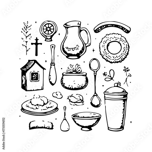Delicate ink drawing of traditional foods and religious icons creating nostalgic artistic