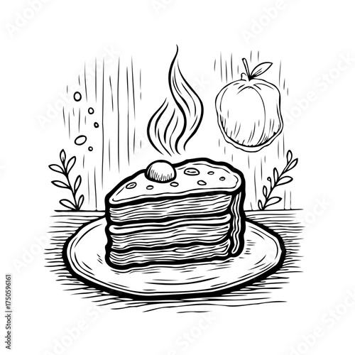 Delicious layered cake with a fruit illustration providing a lovely culinary experience depicted