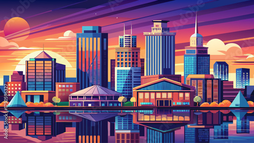 Very beautiful Norfolk, Virginia cityscape, vector-style waterfront panorama glowing under a colorful sunset with architectural reflections on the Elizabeth River.