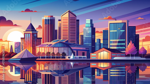 Very beautiful Norfolk, Virginia cityscape, vector-style waterfront panorama glowing under a colorful sunset with architectural reflections on the Elizabeth River.