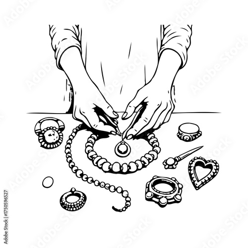 Detailed line art illustration showcasing hands crafting and designing intricate jewelry pieces at