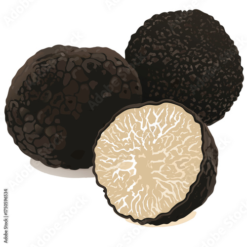 Fresh black truffles one halved display their unique textured surfaces
