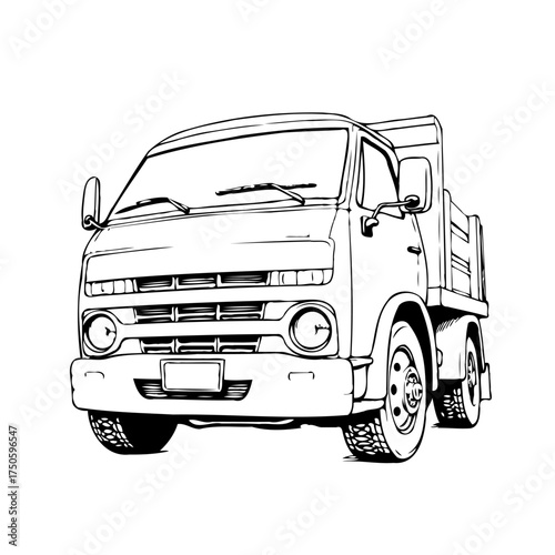 Detailed line drawing illustration portraying a vintage dump truck in monochrome aesthetics for