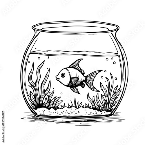 Detailed line drawing of a goldfish in a round glass bowl with aquatic plants
