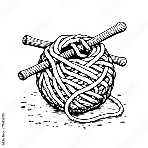 Detailed line drawing of a yarn ball with knitting needles illustrates a classic fiber craft hobby