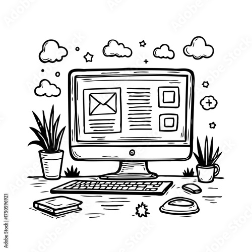 Digital Workspace Serenity A Hand-Drawn Depiction of Productivity with Floral Accents and
