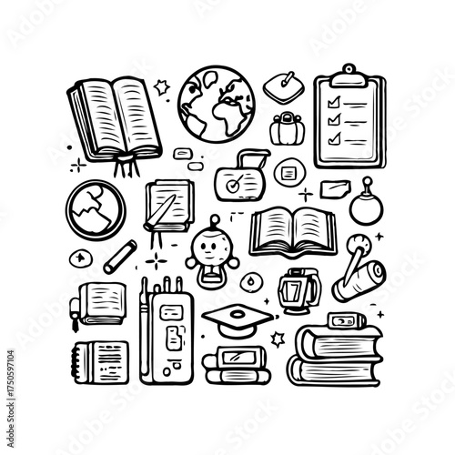 Diverse education illustration showcasing learning tools and knowledge with artistic black and
