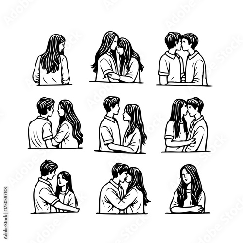 Diverse depictions of intimate couples displaying affection through embraces and loving