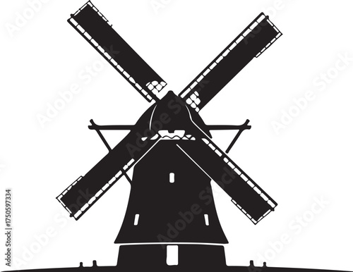 Classic silhouette of a traditional dutch windmill with four blades against a white background, Generative Ai
