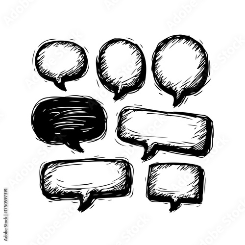 Diverse sketched speech bubbles conveying conversation thoughts ideas messages dialog exchange and
