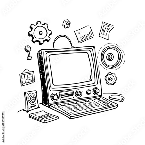 Doodle style vintage computer setup with retro technology components and devices showing a digital