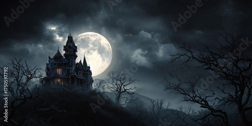 The moon and the castle on the terrifying Halloween night