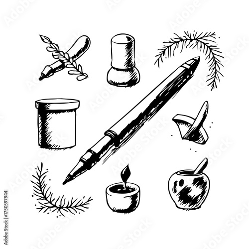 Drawn illustration of stationery items and miscellaneous objects in a scattered monochrome