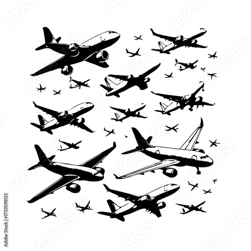 Dynamic aerial fleet soaring high black and white silhouette showcases diverse airplane aviation