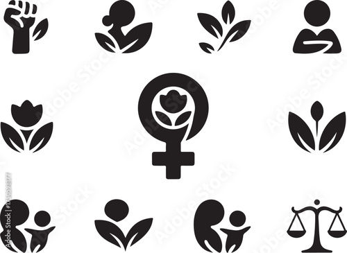 Feminist symbols representing strength, equality, and nature elements