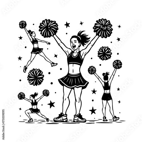Dynamic cheerleading squad illustration capturing energetic movements and spirited performance on