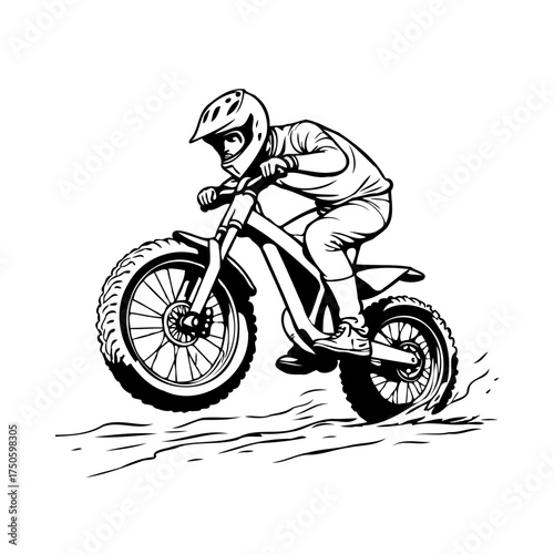 Dynamic monochrome line art showcases a motorcyclist riding across a stylized textured surface