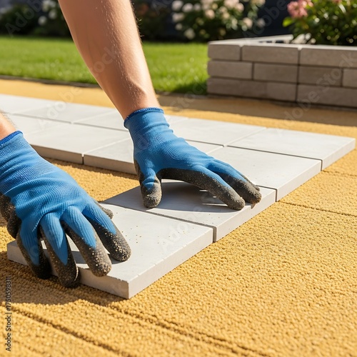 Laying Concrete Pavers for a Garden Path with Blue Gloves.
