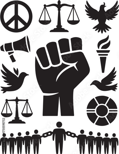 Symbols of justice, peace, and freedom in bold black vector art