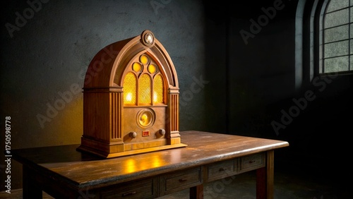 Vintage wooden radio set on a wooden table illuminated by warm light in a dimly lit room