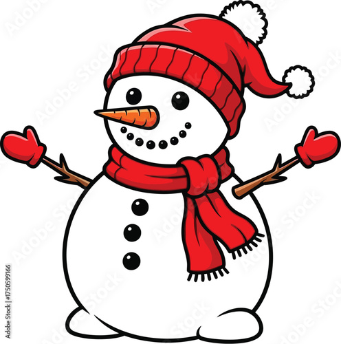 Festive snowman cartoon with red hat and scarf spreading winter cheer