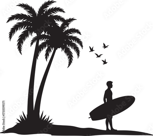 Black silhouette of surfer with surfboard under palm trees and birds