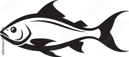 Stylized black and white silhouette of a single fish with detailed fins and tail, Generative Ai
