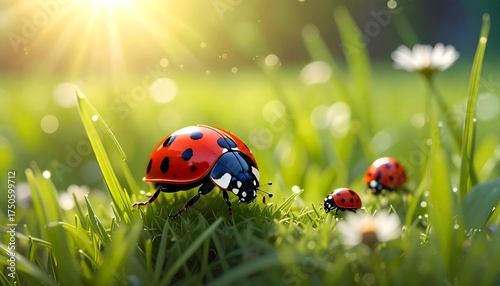 Fototapeta Naklejka Na Ścianę i Meble -  Ladybugs in the sunlit grassy meadow with a bokeh effect