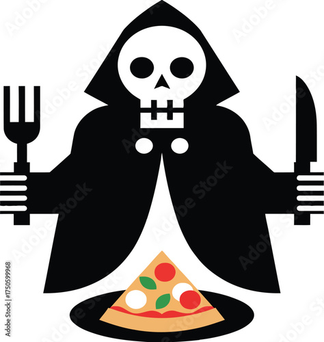 Death as Grim Reaper holding fork and knife ready to eat pizza slice on plate vector illustration morbid food concept