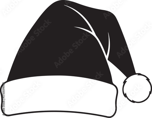 Classic black and white silhouette of a santa claus hat with a fluffy white pom pom, Generative Ai
