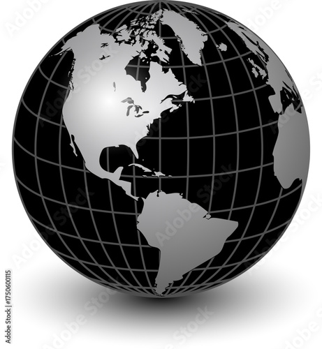 Earth globe 3D icon,  planet earth symbol silver black with meridians and parallels isolated.