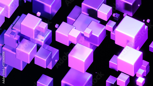 Neon glowing cubes in space, 3D technological background with purple cubes on...