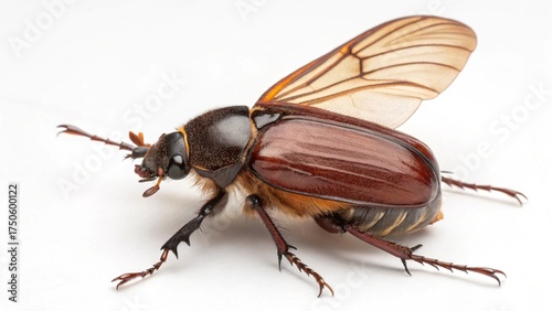 May Beetle with shiny brown exoskeleton, segmented body, and delicate wings, isolated on a clean white studio background, realistic scarab insect macro portrait, sharp focus, professional lighting