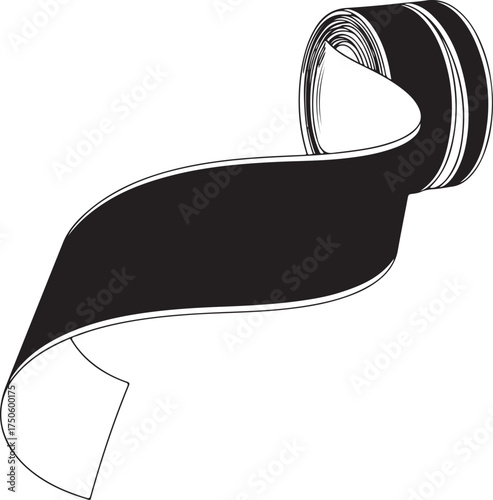 Elegant black satin ribbon with silver metallic trim elegantly curled and unfurled against a white background, Generative Ai
